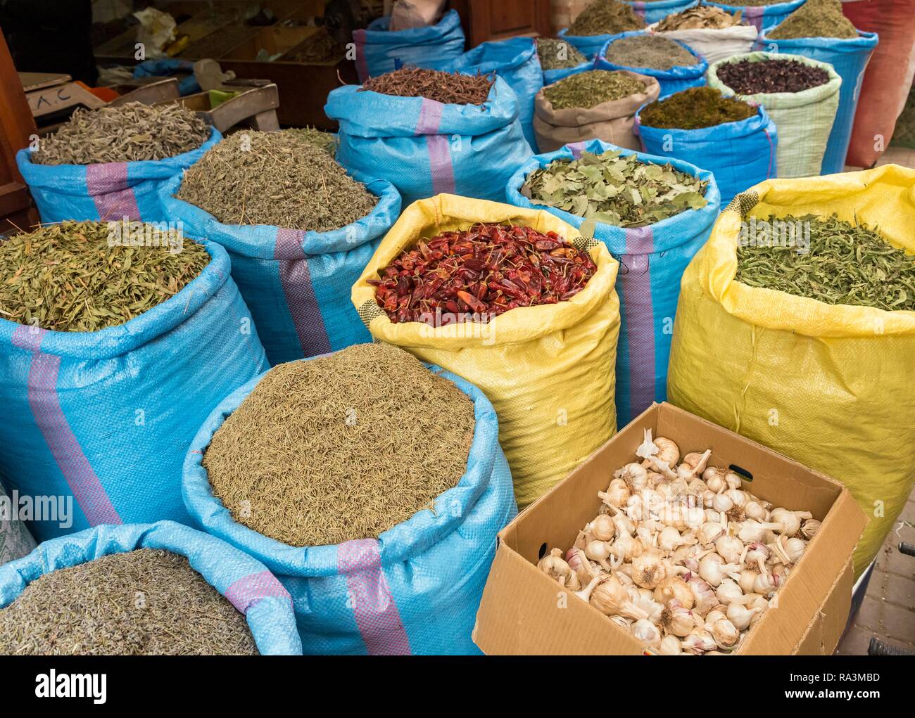 Sacks of dried spices and herbs in Marrakech spice market, Marrakech, Morocco Stock Photo