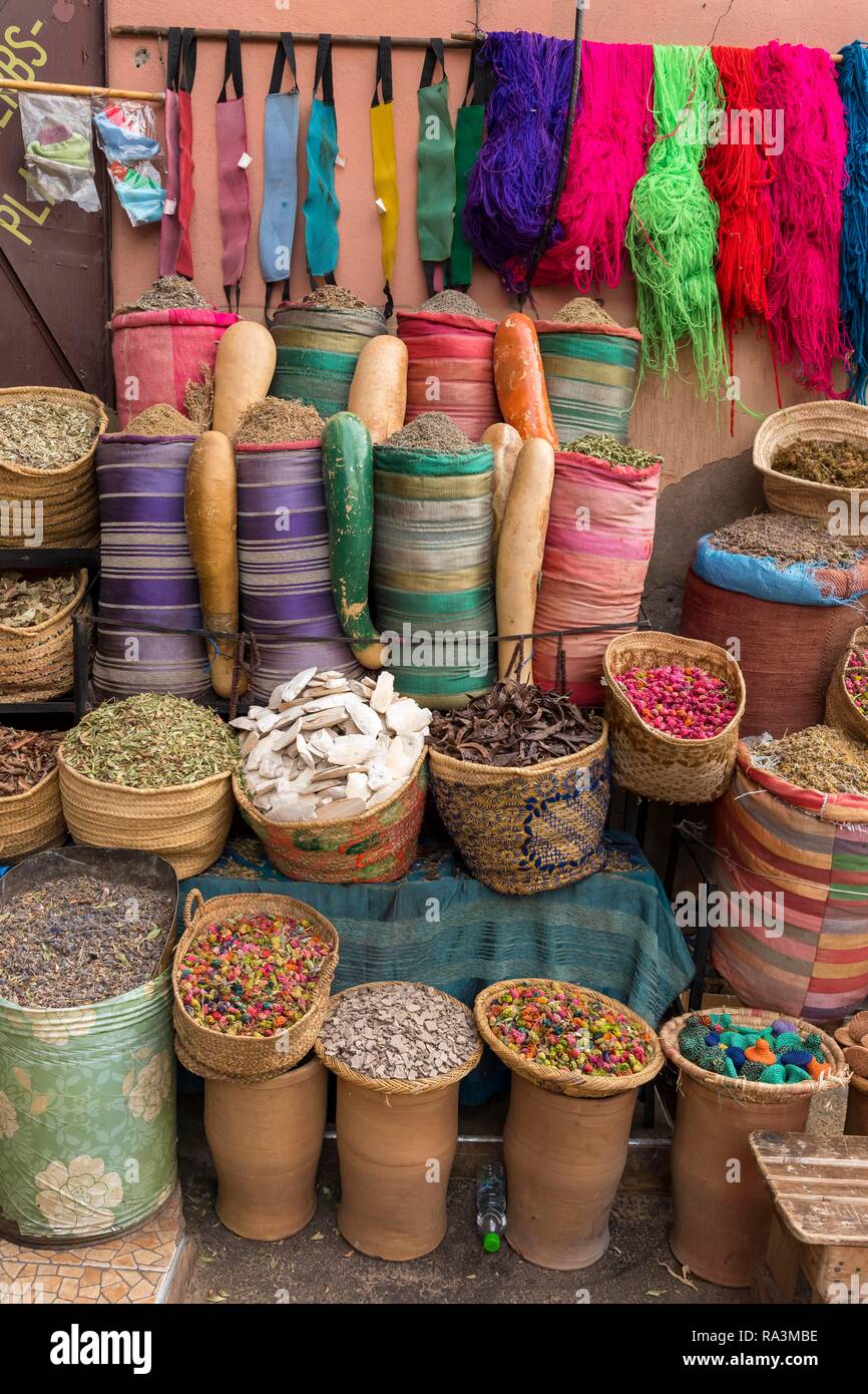 Spices and herbs on sale in Marrakech market, Marrakech, Morocco Stock Photo