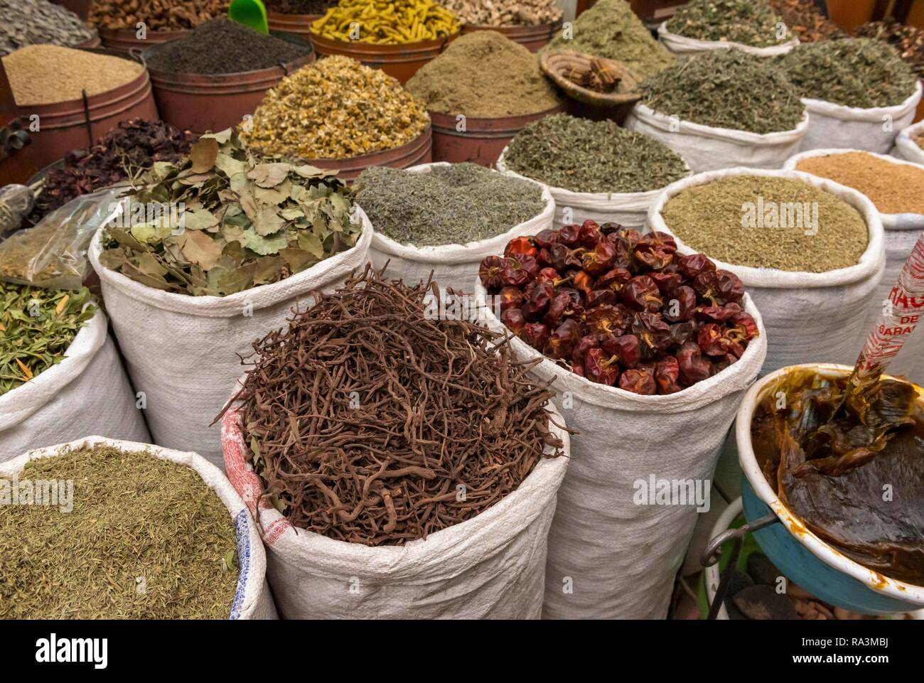 Sacks of dried spices and herbs in Marrakech spice market, Marrakech, Morocco Stock Photo