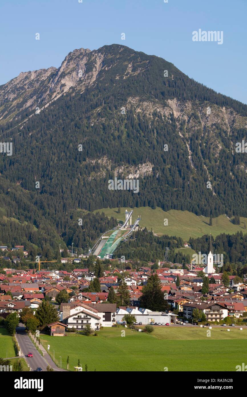Town view, behind ski jump, Oberstdorf, Allgäuer Alps, Allgäu, Bavaria, Germany Stock Photo