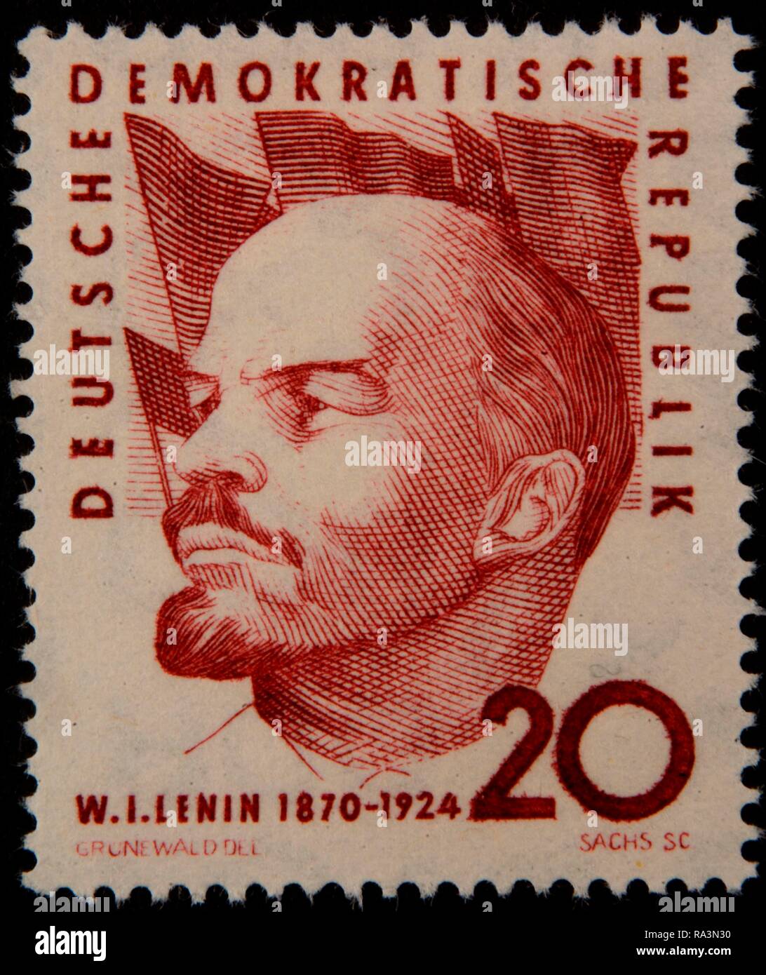 Vladimir Ilyich Ulyanov Lenin, a Russian communist revolutionary, politician, and political theorist, portrait on a German stamp Stock Photo