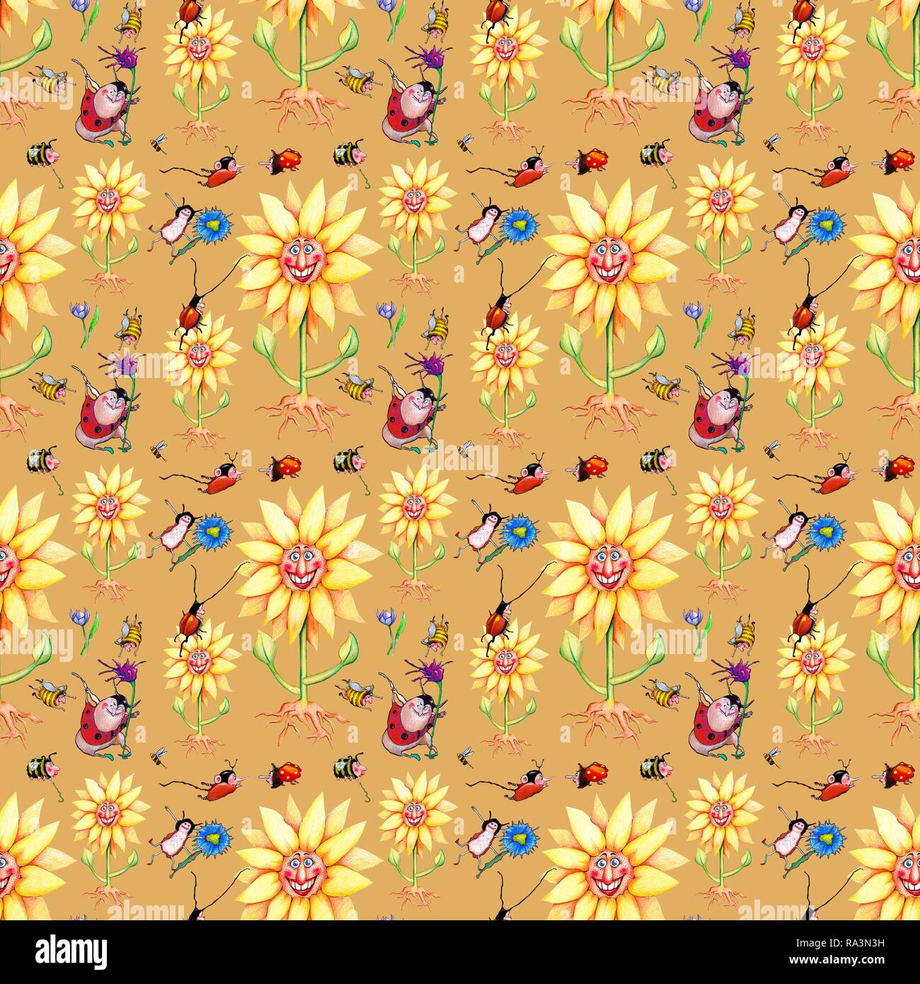 Wrapping paper, wallpaper, background brown, beige, seamless pattern, wild meadow, sunflowers, meadow flowers, beetles Stock Photo