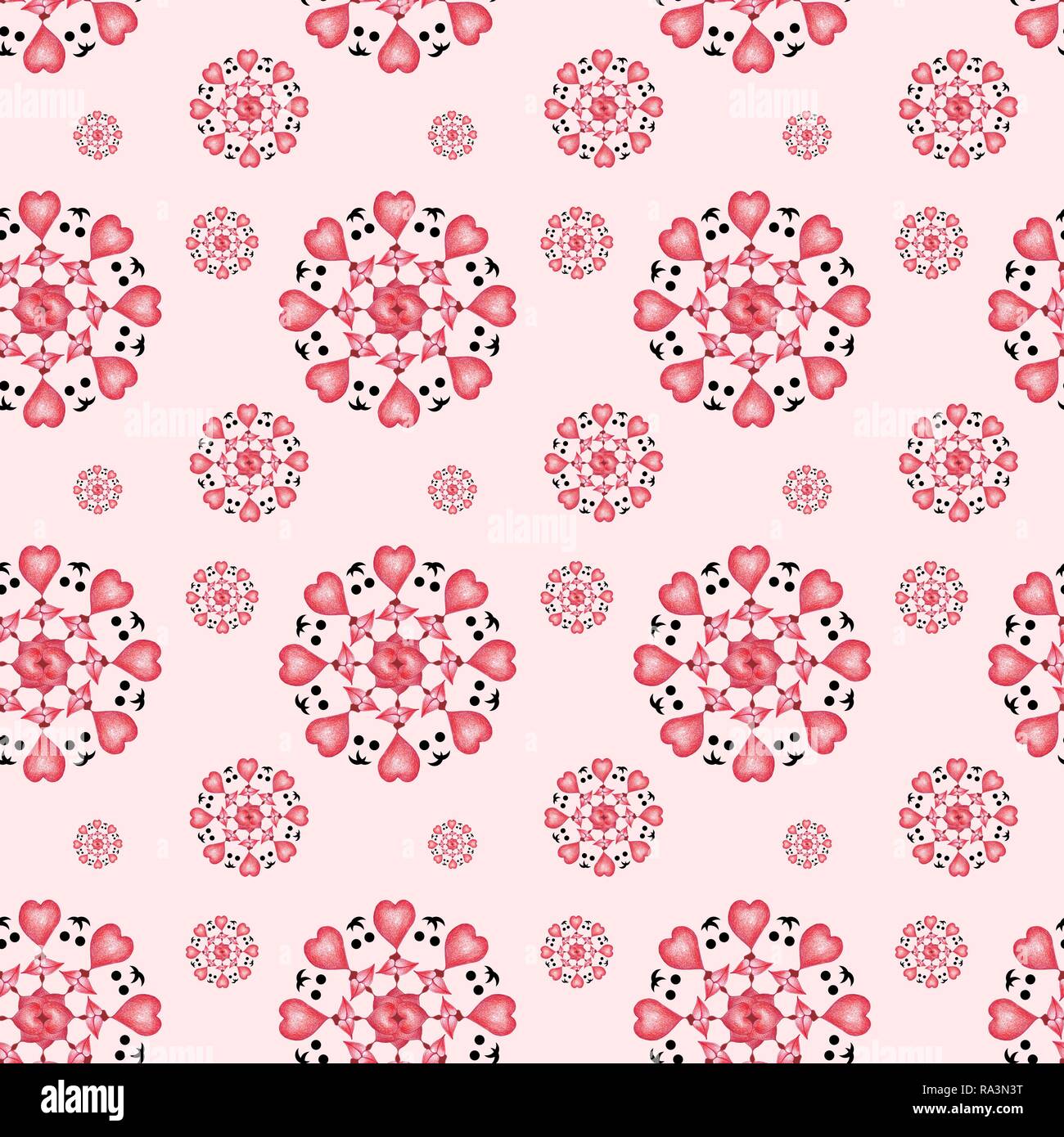 Wrapping paper, wallpaper, background pink, seamless pattern, love, hearts, faces with red lips, kiss, Germany Stock Photo