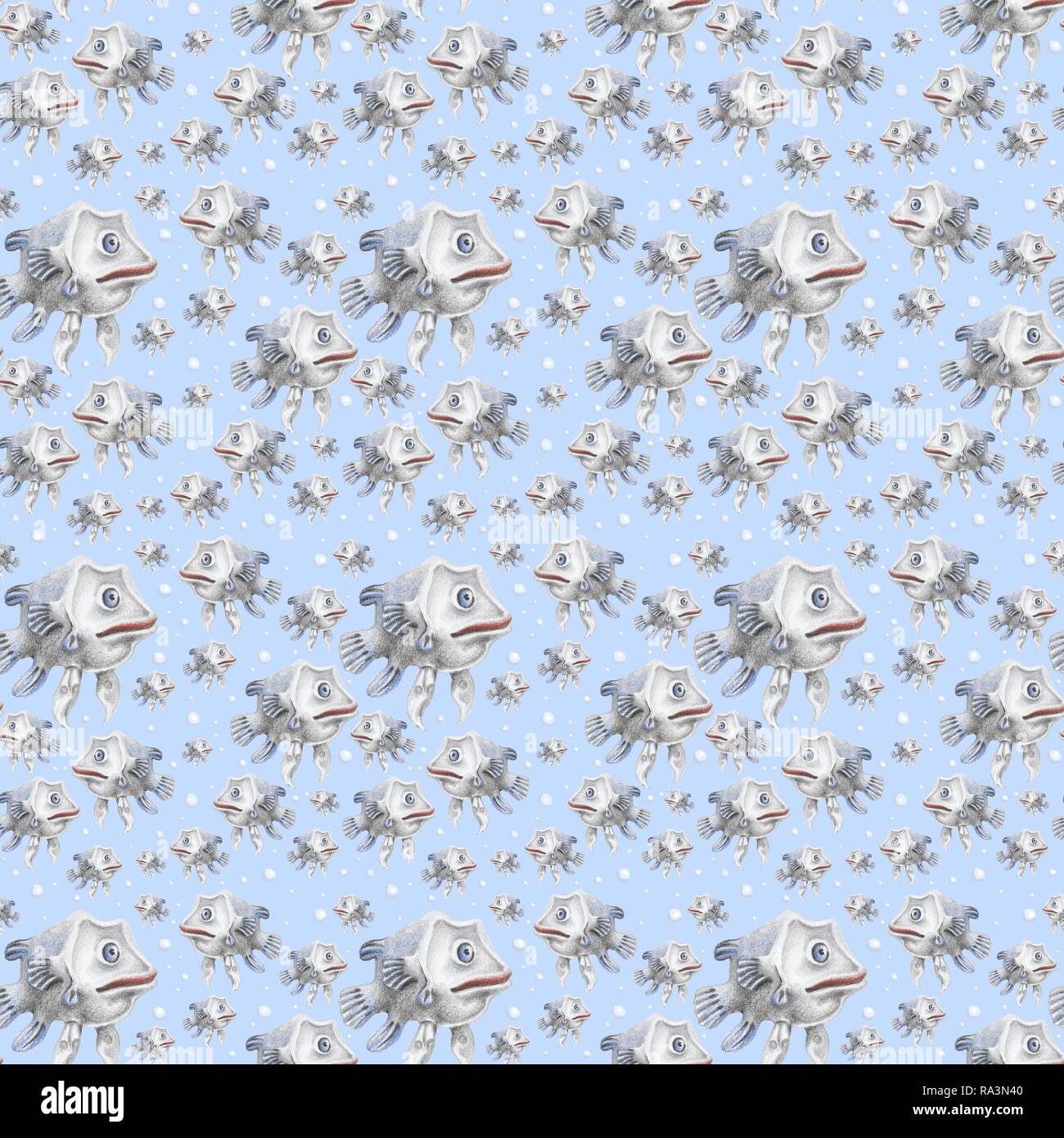 Wrapping paper, wallpaper, background blue, seamless pattern, fish in water with bubbles, Germany Stock Photo