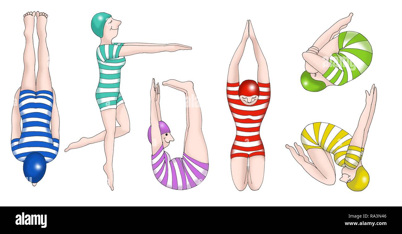 Women in colourful swimsuits at high diving, cutout, white background, Germany Stock Photo