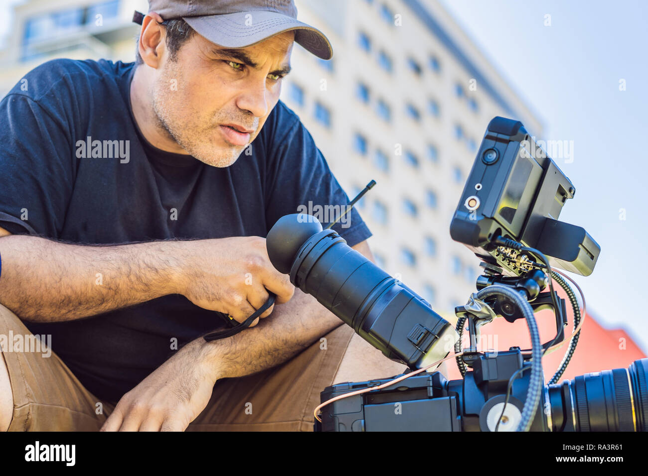 Shooting process on cinema stage commercial production set, exterior