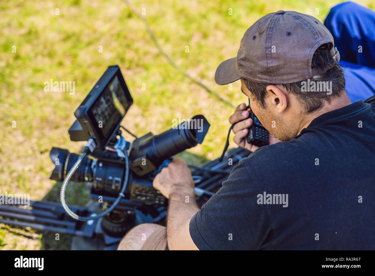 Shooting process on cinema stage commercial production set, exterior