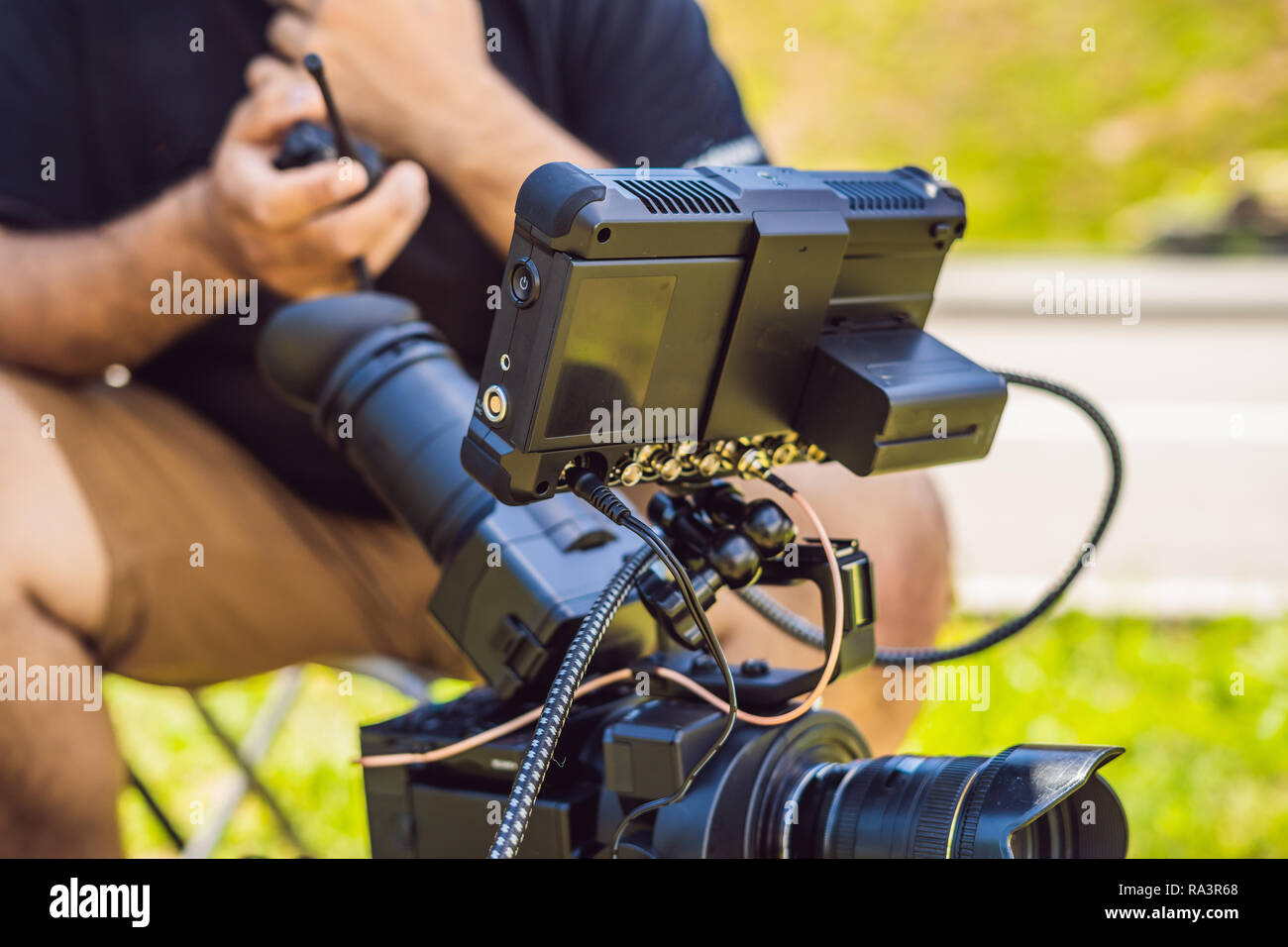 Shooting process on cinema stage commercial production set, exterior