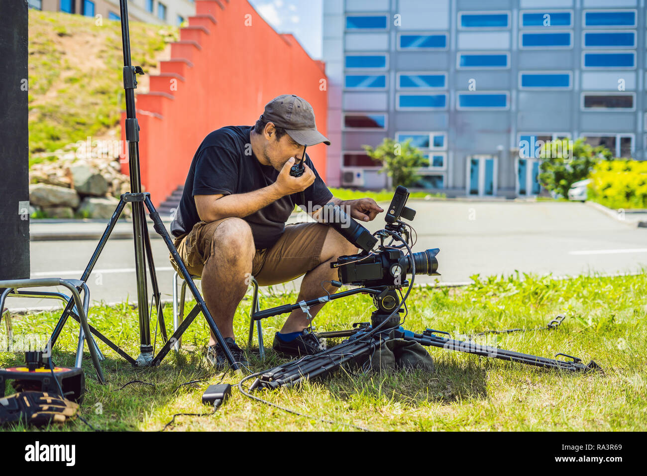 Shooting process on cinema stage commercial production set, exterior