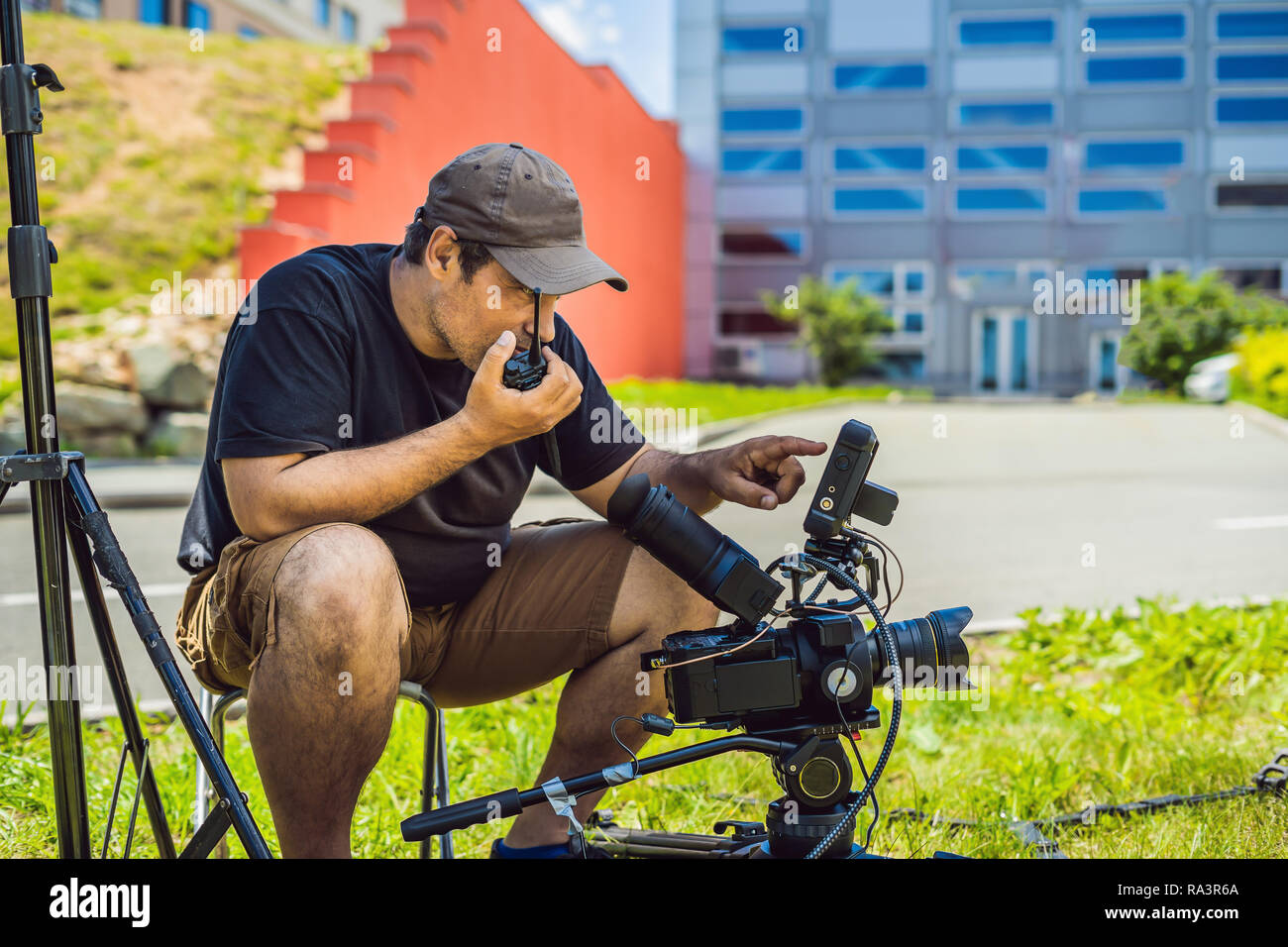 Shooting process on cinema stage commercial production set, exterior