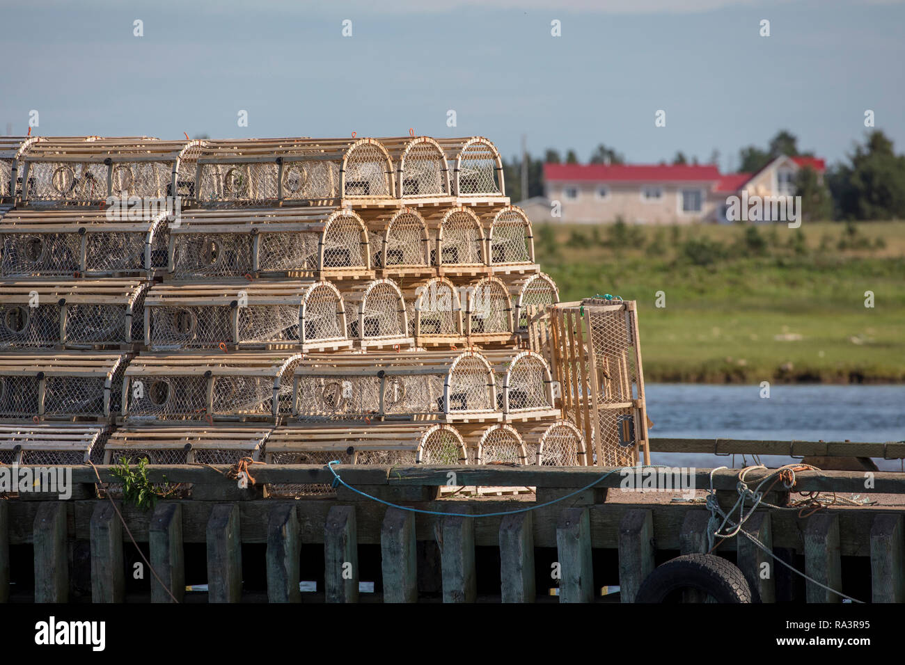 Lobster Traps on a dock in Newfoundland. Stock Photo