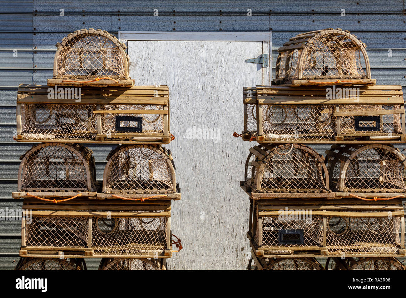Lobster Traps on a dock in Newfoundland. Stock Photo