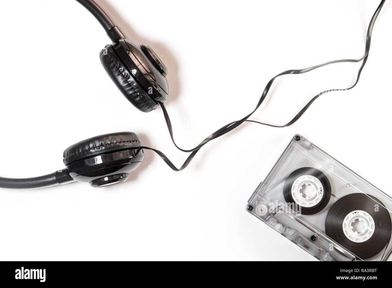 Audio cassette tape and headphone isolated on white background Stock