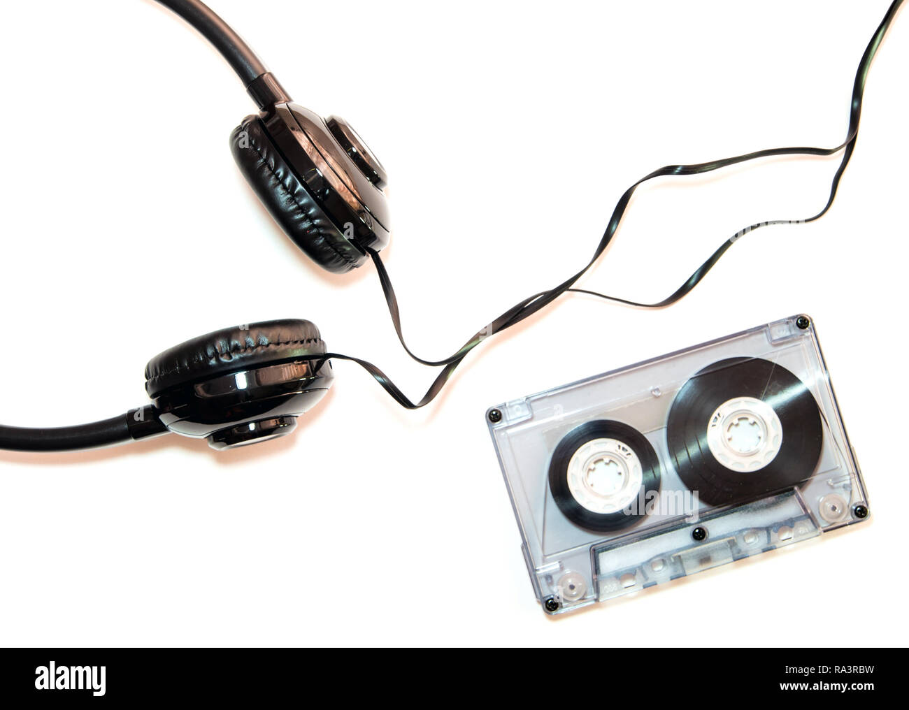 Audio cassette tape and headphone isolated on white background Stock