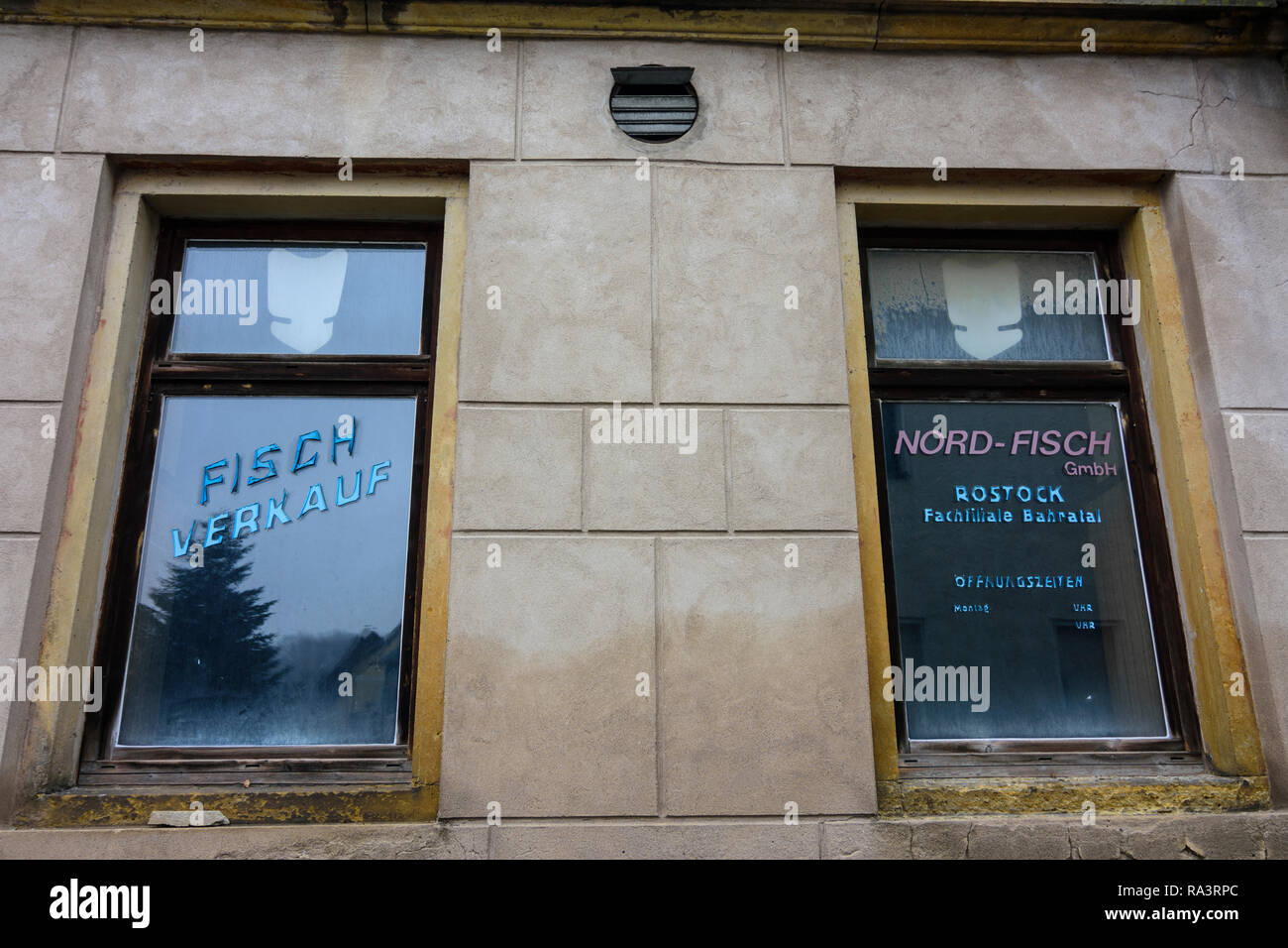 Liebstadt: closed fish shop, desolation of town in , Sachsen, Saxony, Germany Stock Photo
