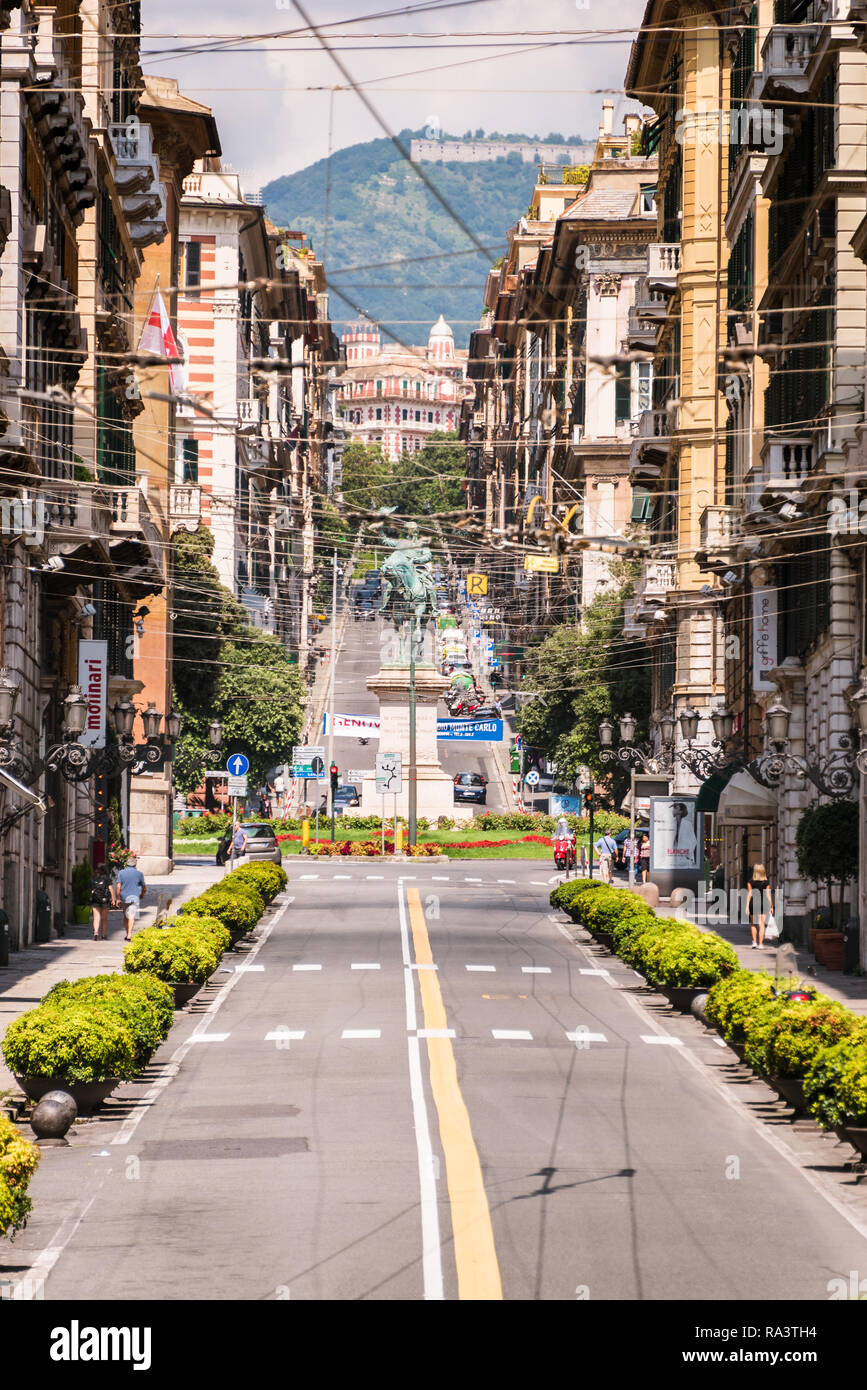 Via Roma - street in Genova (Genoa, Zena), at the end of the street Monument of Vittorio Emanuele II, Liguria, Italy, Europe Stock Photo