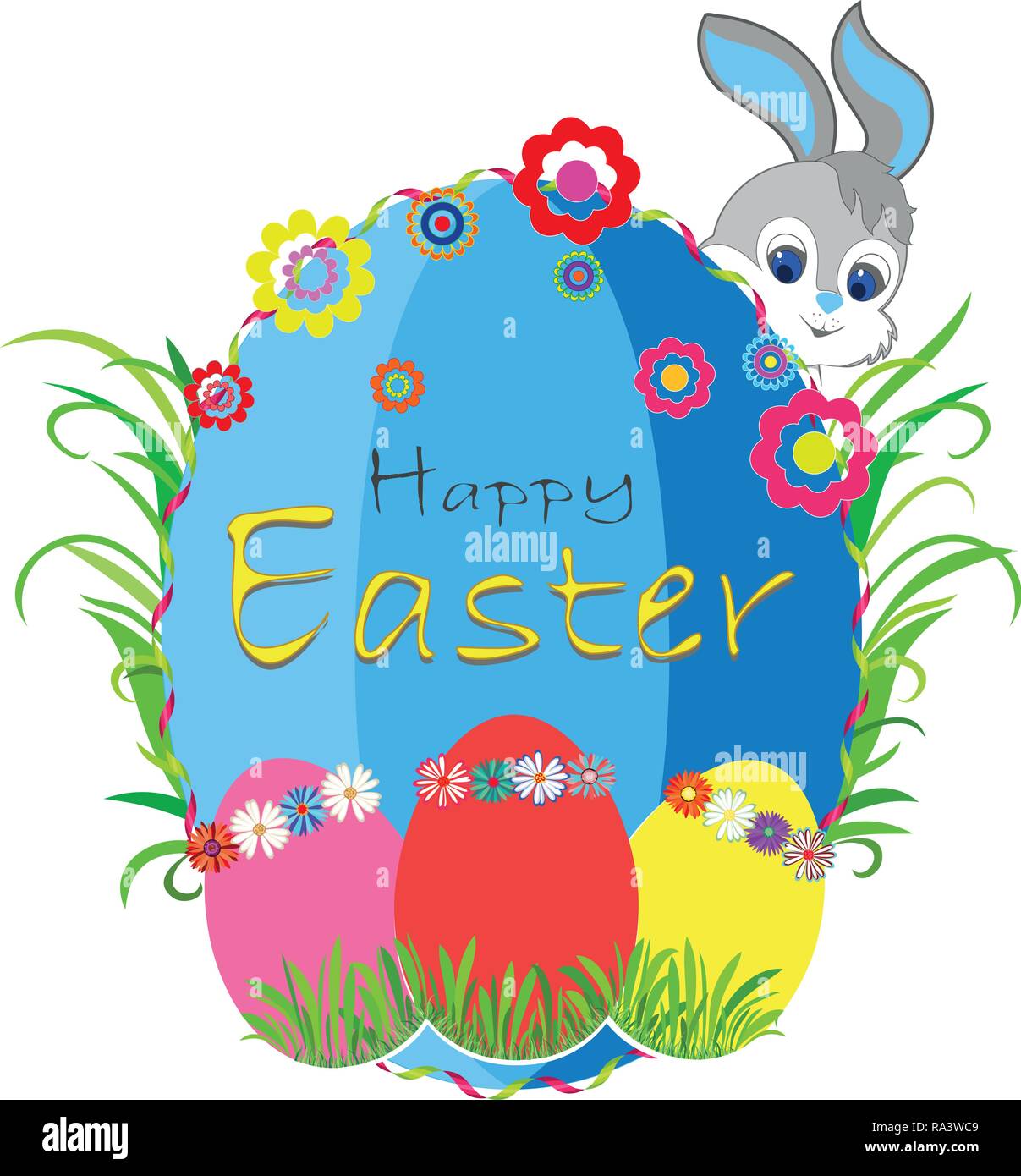 Easter banner background template with beautiful colorful spring eggs. Rabbit, Vector illustration Stock Vector