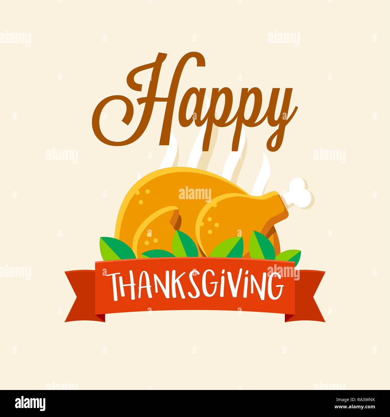 Happy Thanksgiving day vector greeting card with turkey and red ribbon. Flat celebration illustration Stock Vector