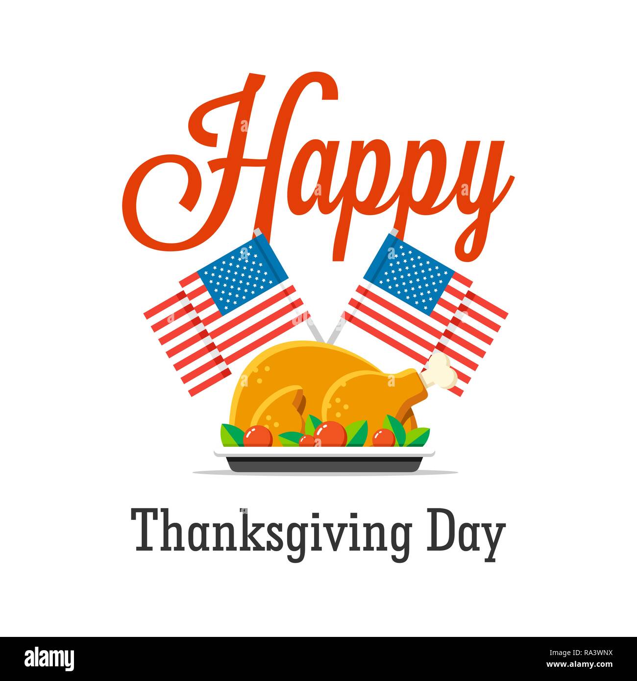 Happy Thanksgiving day vector greeting card with turkey and USA flags. Flat celebration illustration Stock Vector