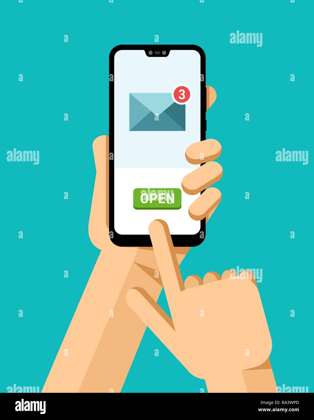 Hand holds the smartphone. Opening the email letters. Flat vector modern phone mock-up illustration Stock Vector