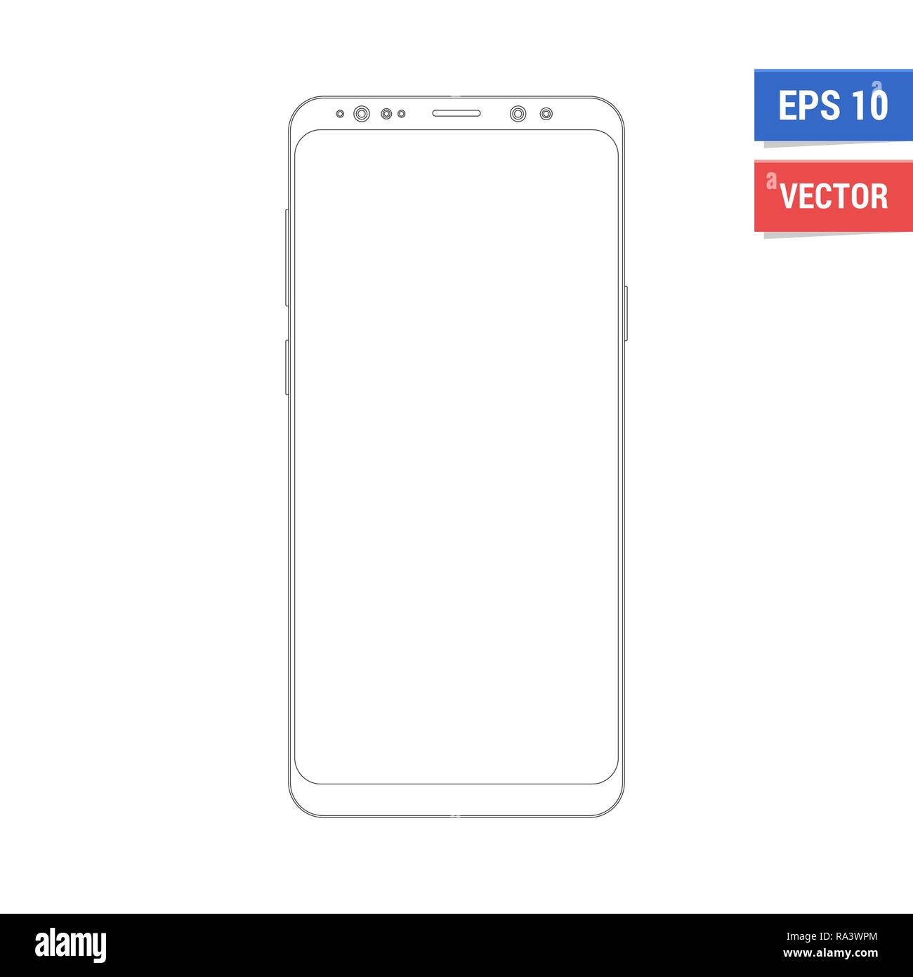 Outline drawing flat mock-up Samsung S9 Plus. Scale image any resolution Stock Vector