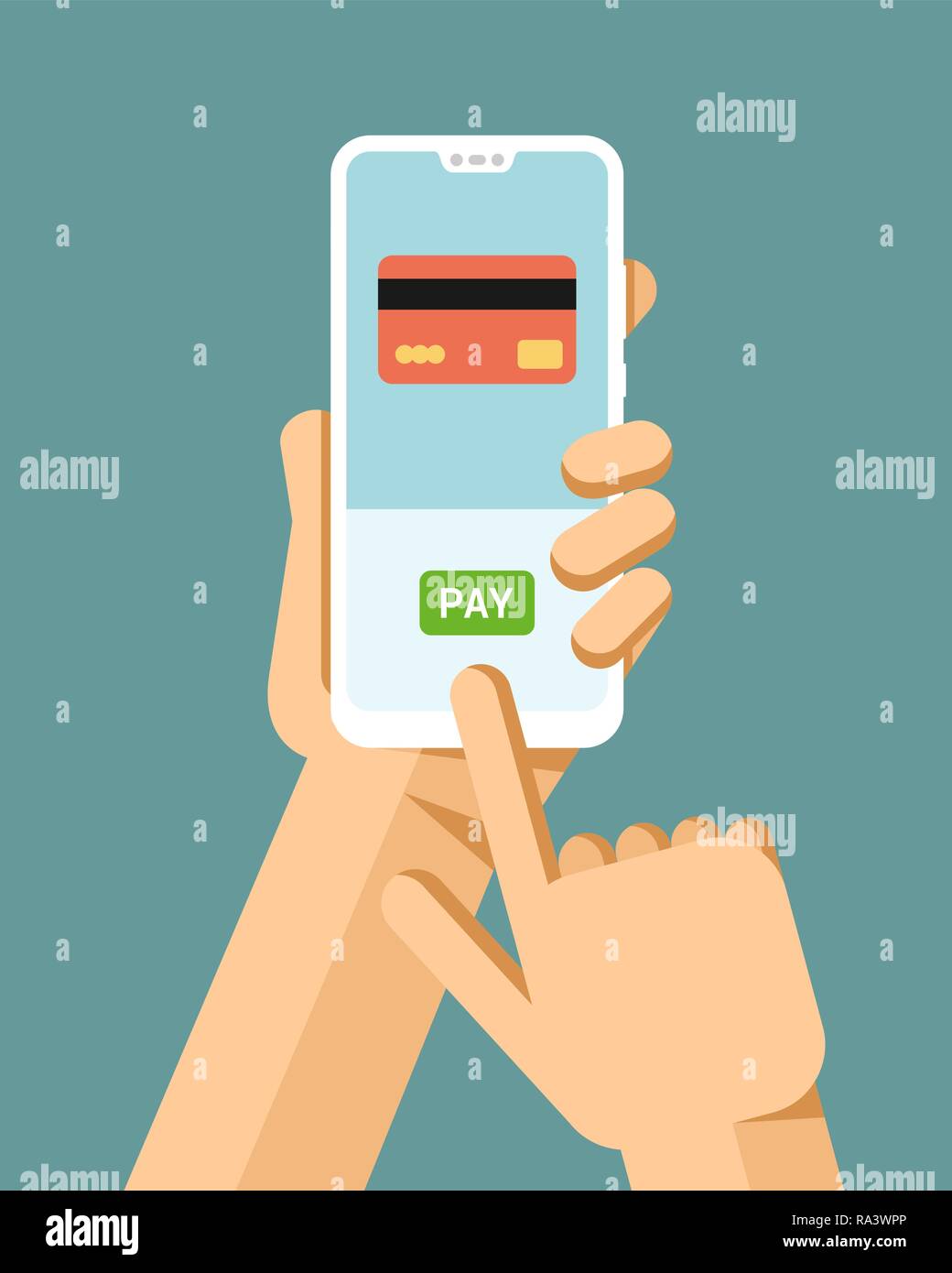 Hand holds the smartphone. Financial operation with credit card. Flat vector modern phone mock-up illustration Stock Vector