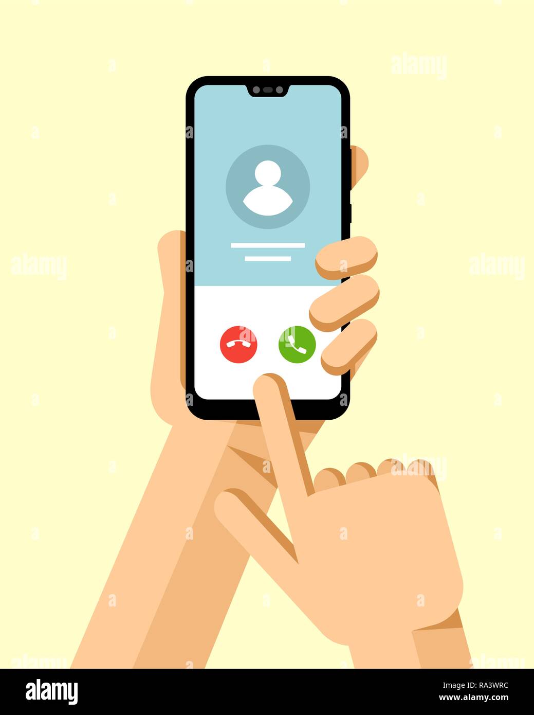 Hand holds the smartphone and calles to contact. Flat vector modern phone mock-up illustration Stock Vector