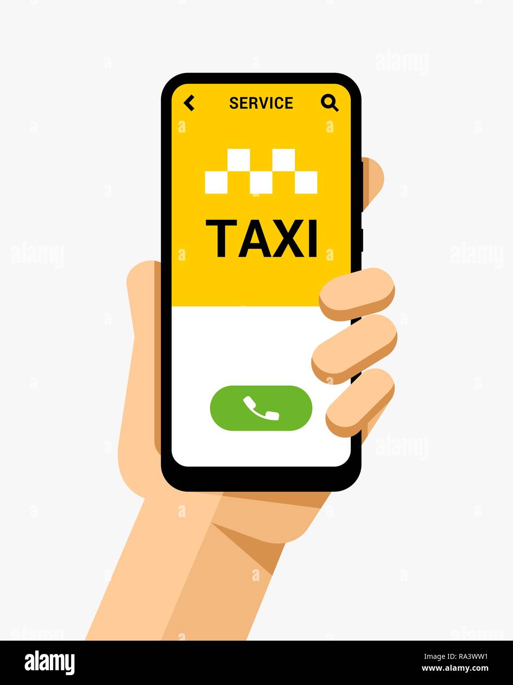 Hand holds the smartphone and calling to the taxi service. Flat vector modern phone mock-up illustration Stock Vector