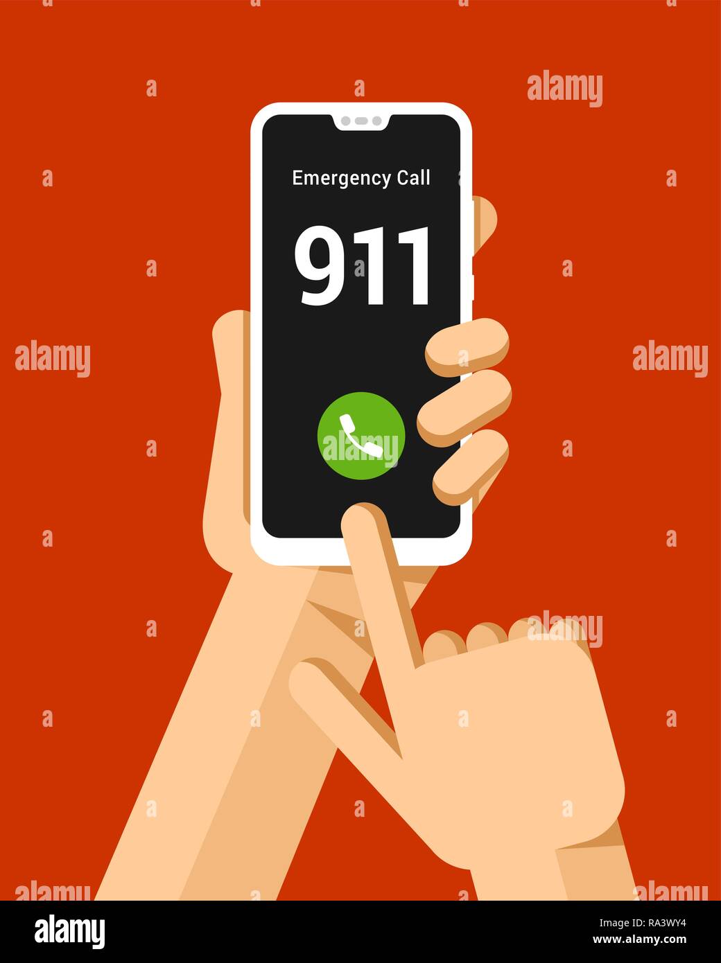 Hand holds the smartphone and makes emergency rescue call. Flat vector modern phone mock-up illustration Stock Vector