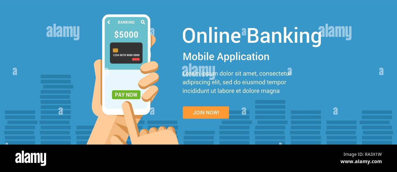 Vector flat banner for online banking finance application. Phone in hand  illustration for mobile or web design Stock Vector Image & Art - Alamy