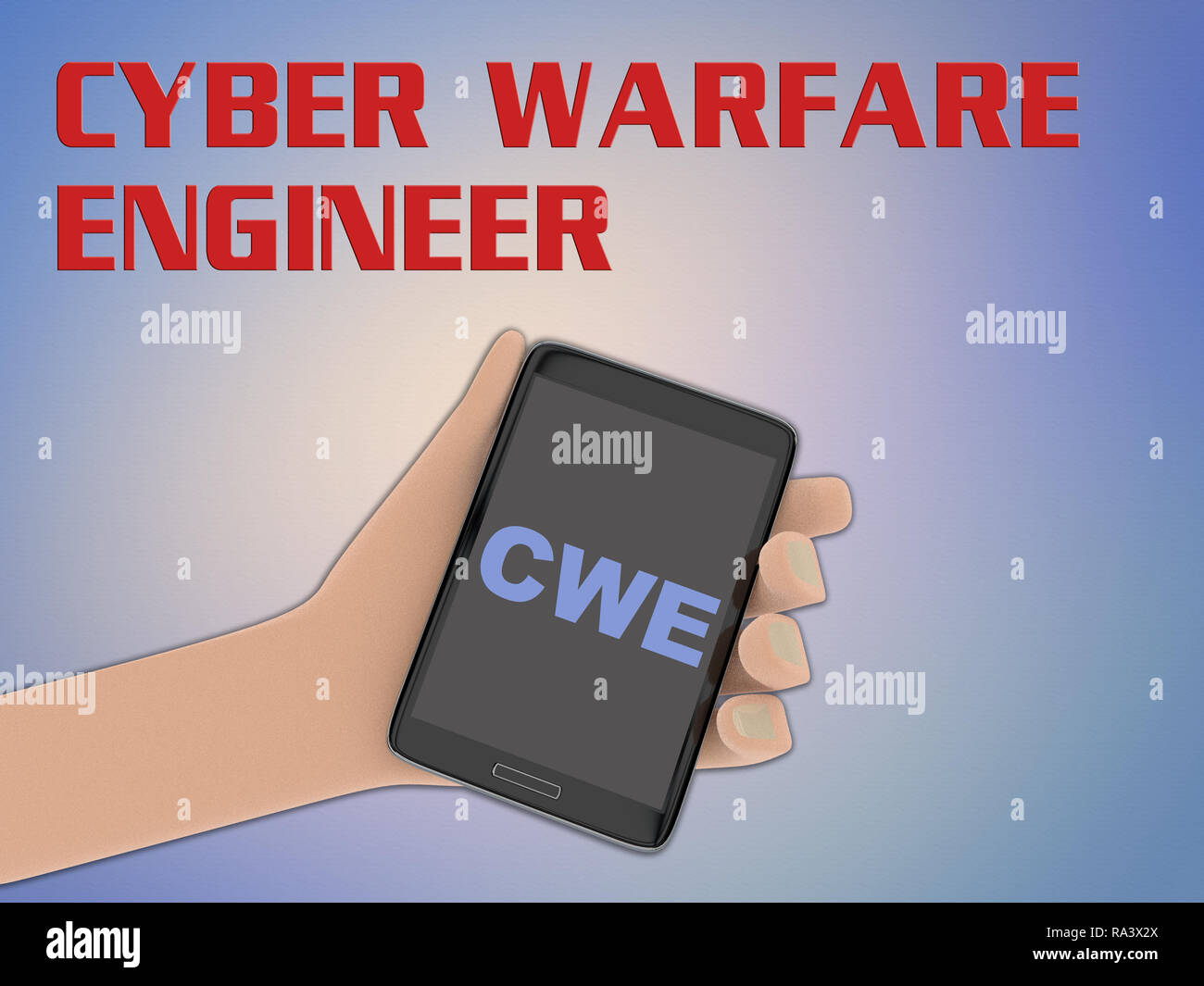 3D illustration of CWE script on the screen of a cellulr phone held by hand, isolated on blue gradient, with the script CYBER WARFARE ENGINEER on the  Stock Photo
