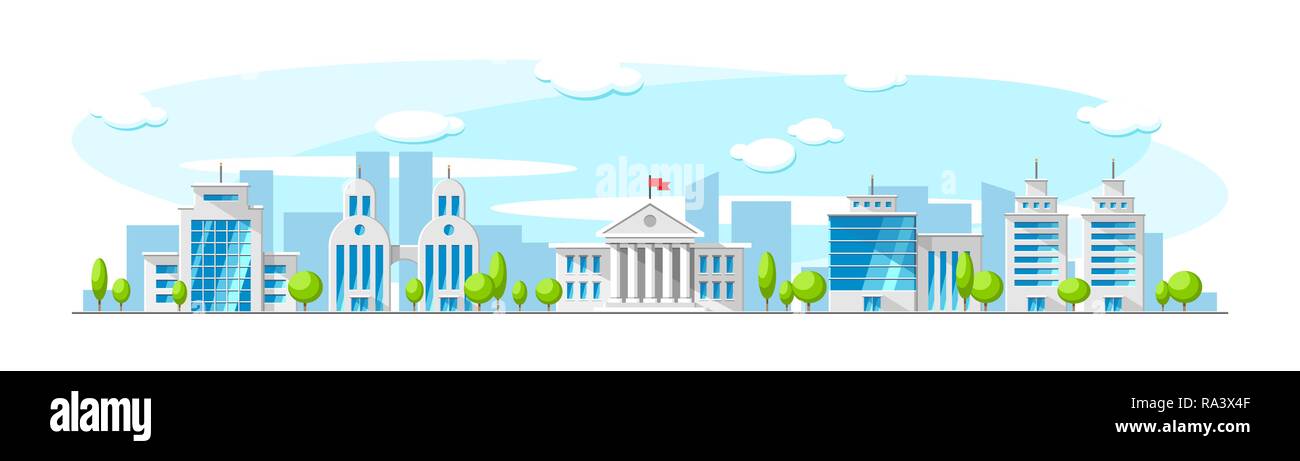 Cityscape with old parliament building and modern skyscrapper buildings like bank, office, apartment. Vector flat town illustration Stock Vector
