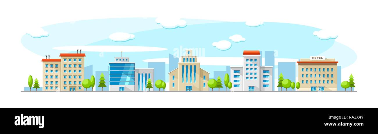 Cityscape with old and modern buildings. Vector flat town illustration Stock Vector