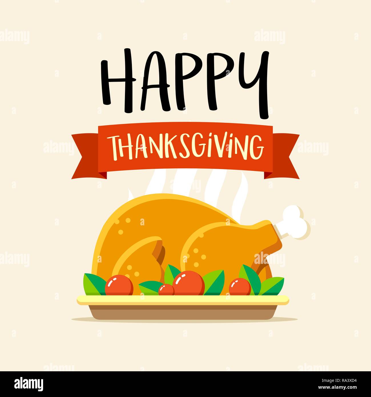 Happy Thanksgiving day vector greeting card with turkey on plate. Flat celebration illustration Stock Vector