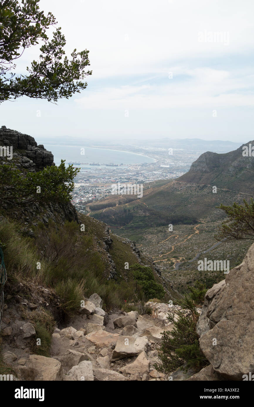 View walking down Table Mountain, Cape Town, South Africa Stock Photo