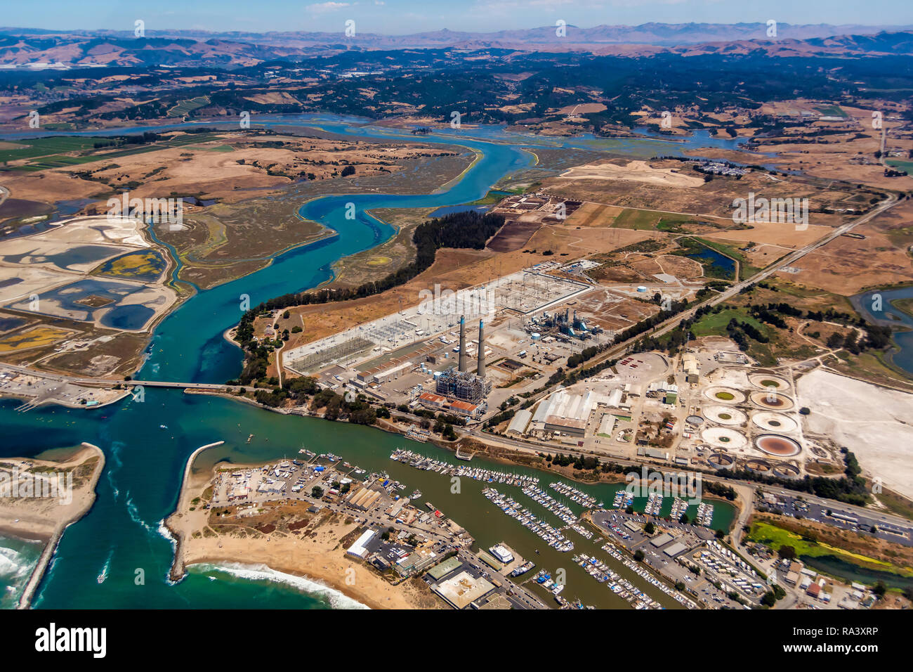 Aerial view on Moss Landing power plant on a sunny summer day Stock