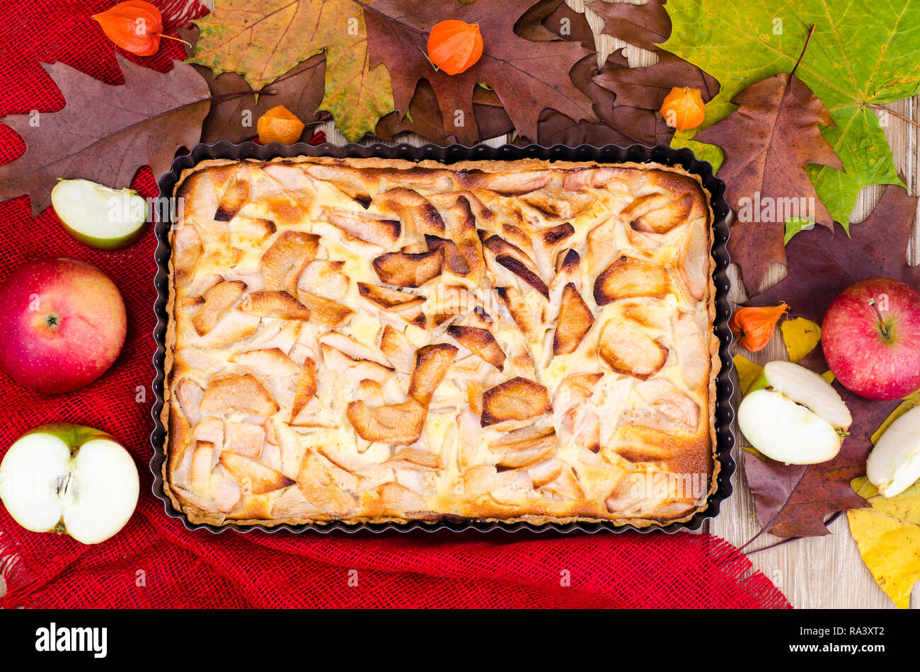 Apple pie in rectangular baking dish. Studio Photo Stock Photo