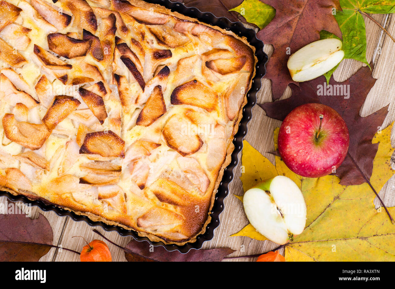 Apple pie in rectangular baking dish. Studio Photo Stock Photo