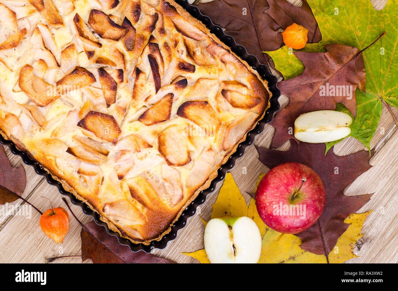 Apple pie in rectangular baking dish. Studio Photo Stock Photo