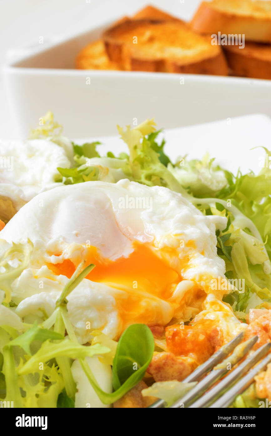 Classic French salad, great salad Lyonnaise. Dish with green leaves of