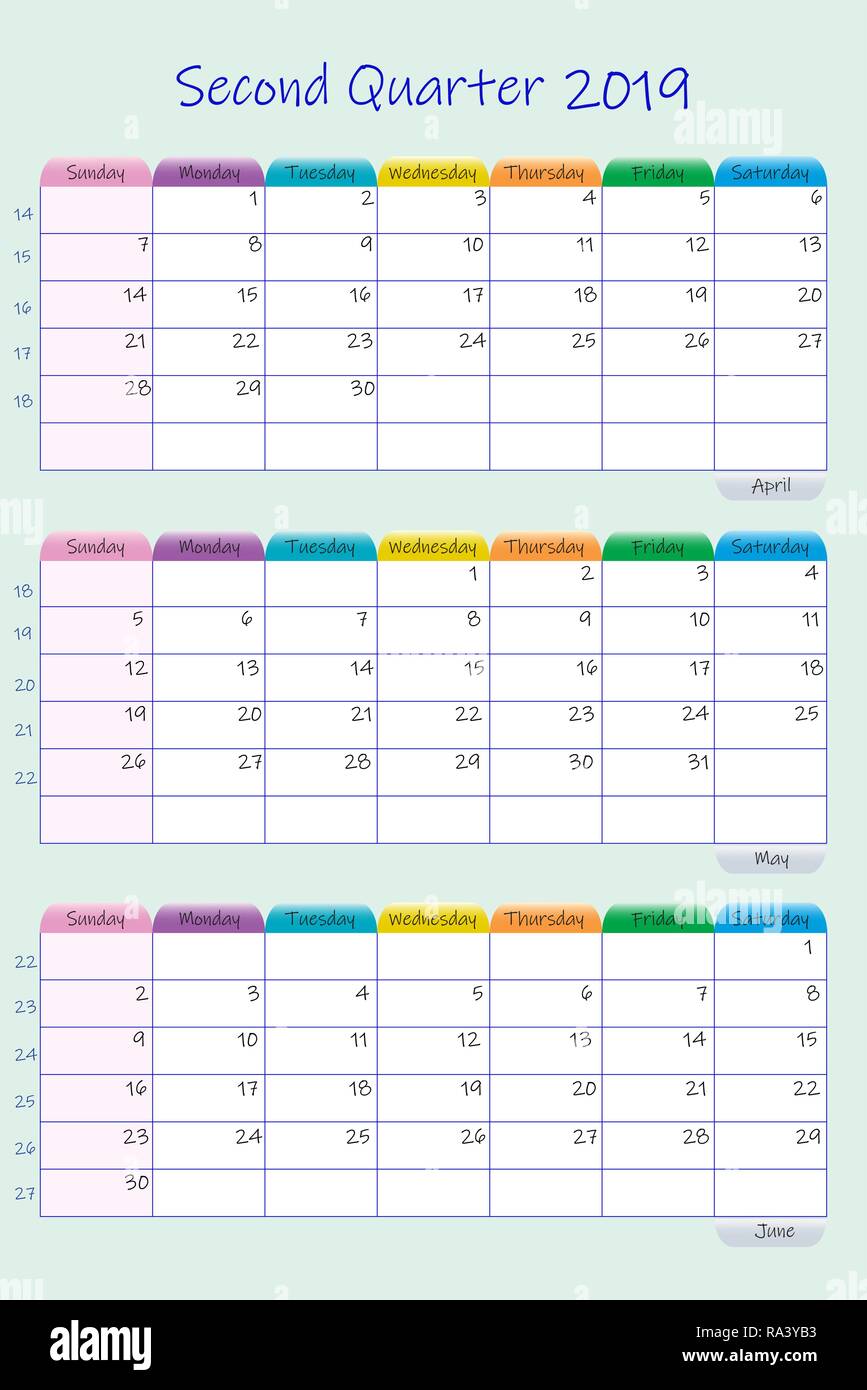 vertical calendar for second quarter of 2019 year with calendar chart 2019
