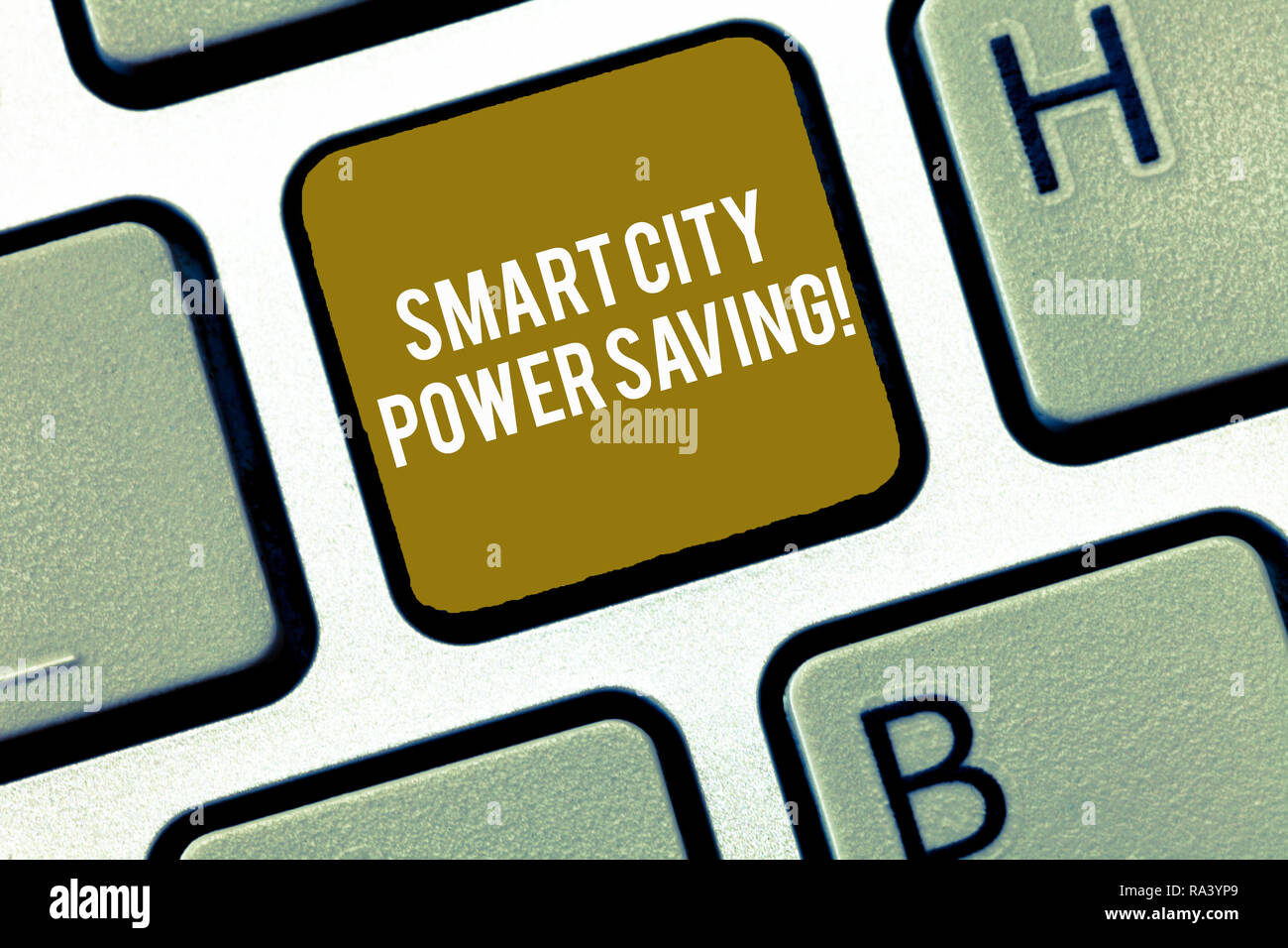 Writing note showing Smart City Power Saving. Business photo showcasing Connected technological cities electricity savings Keyboard Intention to creat Stock Photo