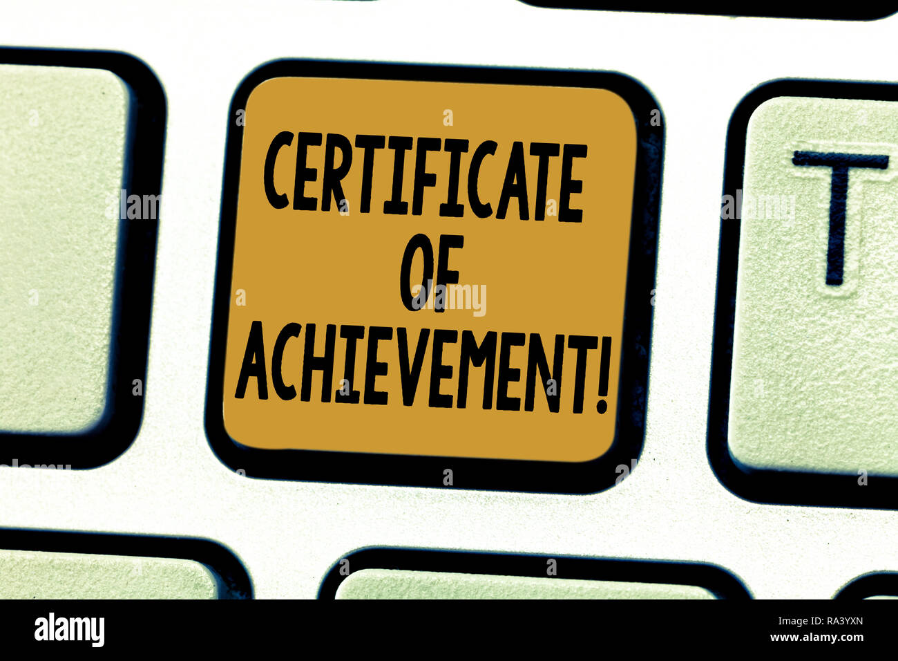 Conceptual hand writing showing Certificate Of Achievement. Business photo showcasing certify that a demonstrating done exceptionally well Keyboard ke Stock Photo