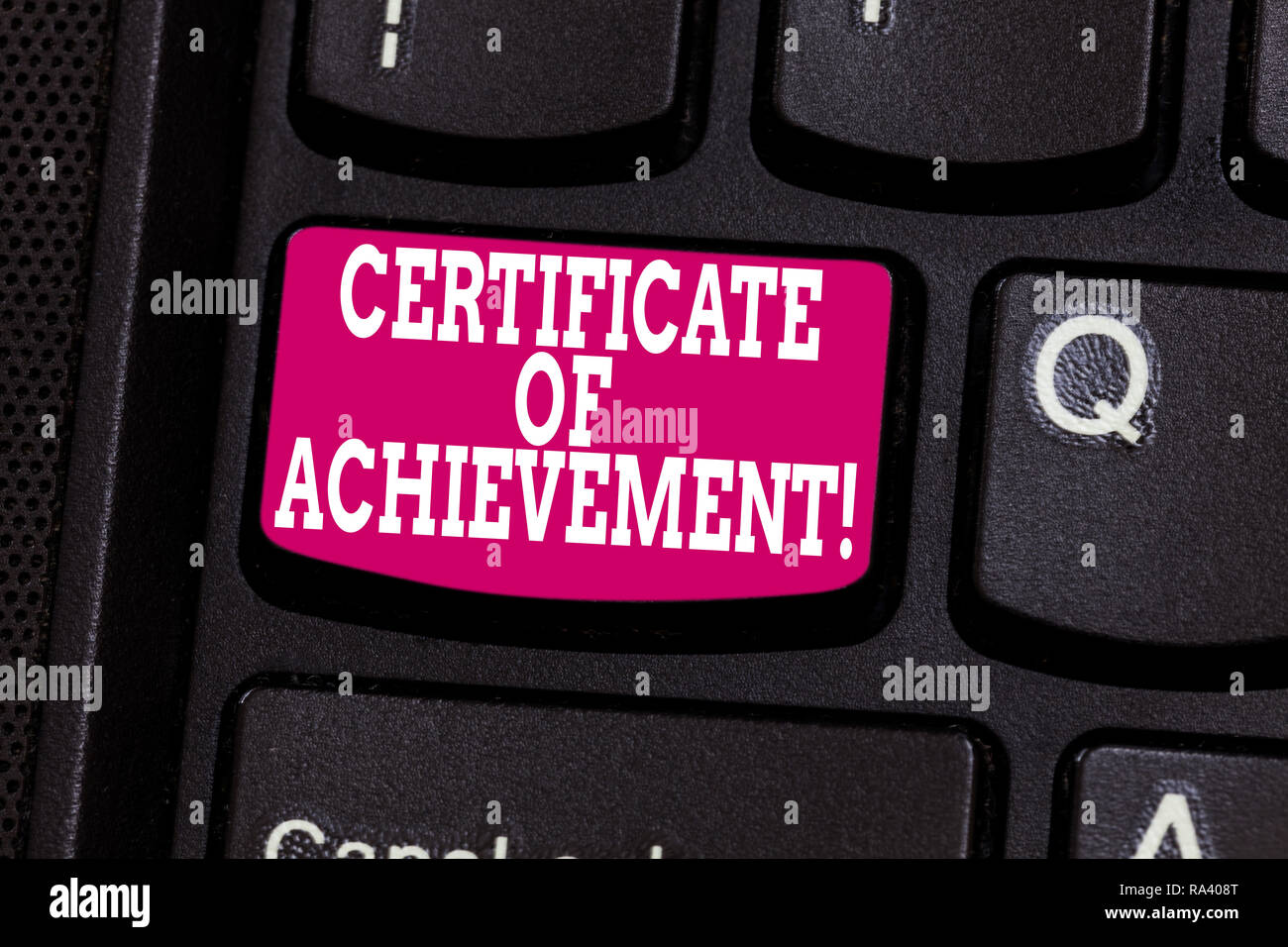 Word writing text Certificate Of Achievement. Business concept for certify that a demonstrating done exceptionally well Keyboard key Intention to crea Stock Photo