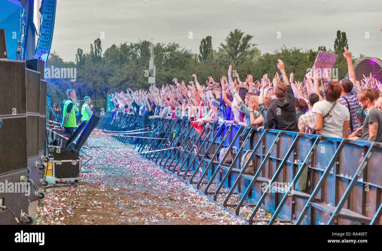 KIEV, UKRAINE - JULY 04, 2018: Fans crowd enjoy rock band live