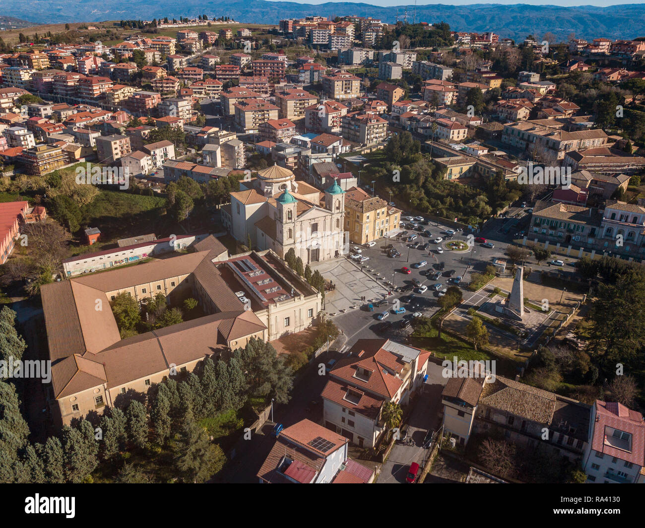 Aerial view of the Cathedral square of Santa Maria Maggiore, San Leoluca, municipal park, houses and roofs, urban area, Vibo Valentia, Calabria, Italy Stock Photo