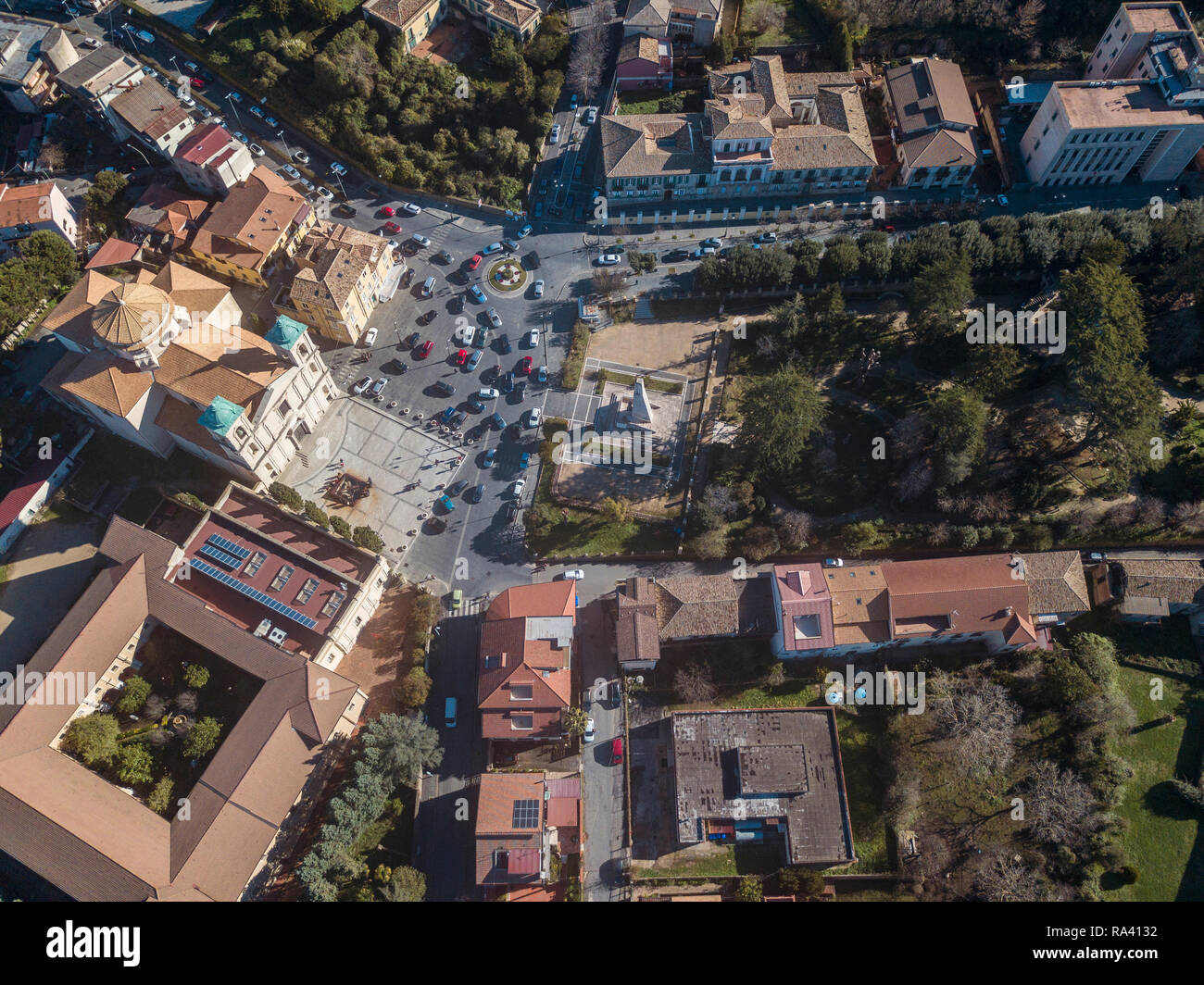 Aerial view of the Cathedral square of Santa Maria Maggiore, San Leoluca, municipal park, houses and roofs, urban area, Vibo Valentia, Calabria, Italy Stock Photo