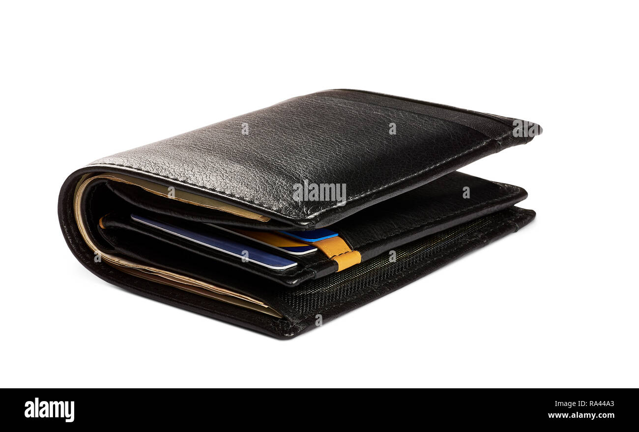 Close-up view of black leather men's wallet with credit cards and banknotes - luxury, isolated on white background Stock Photo
