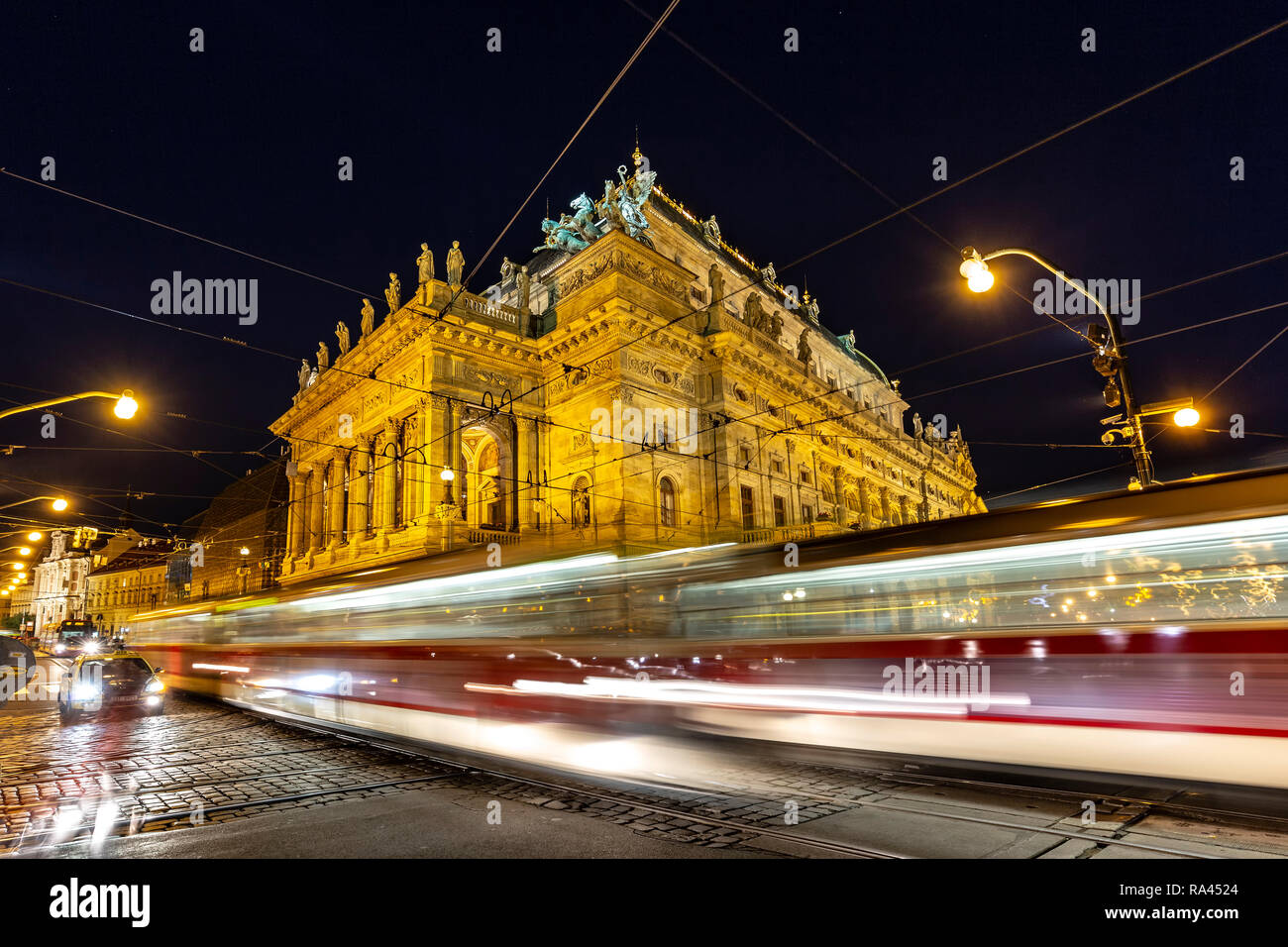 National Theater and light streaks, Prague, Czech Republic Stock Photo