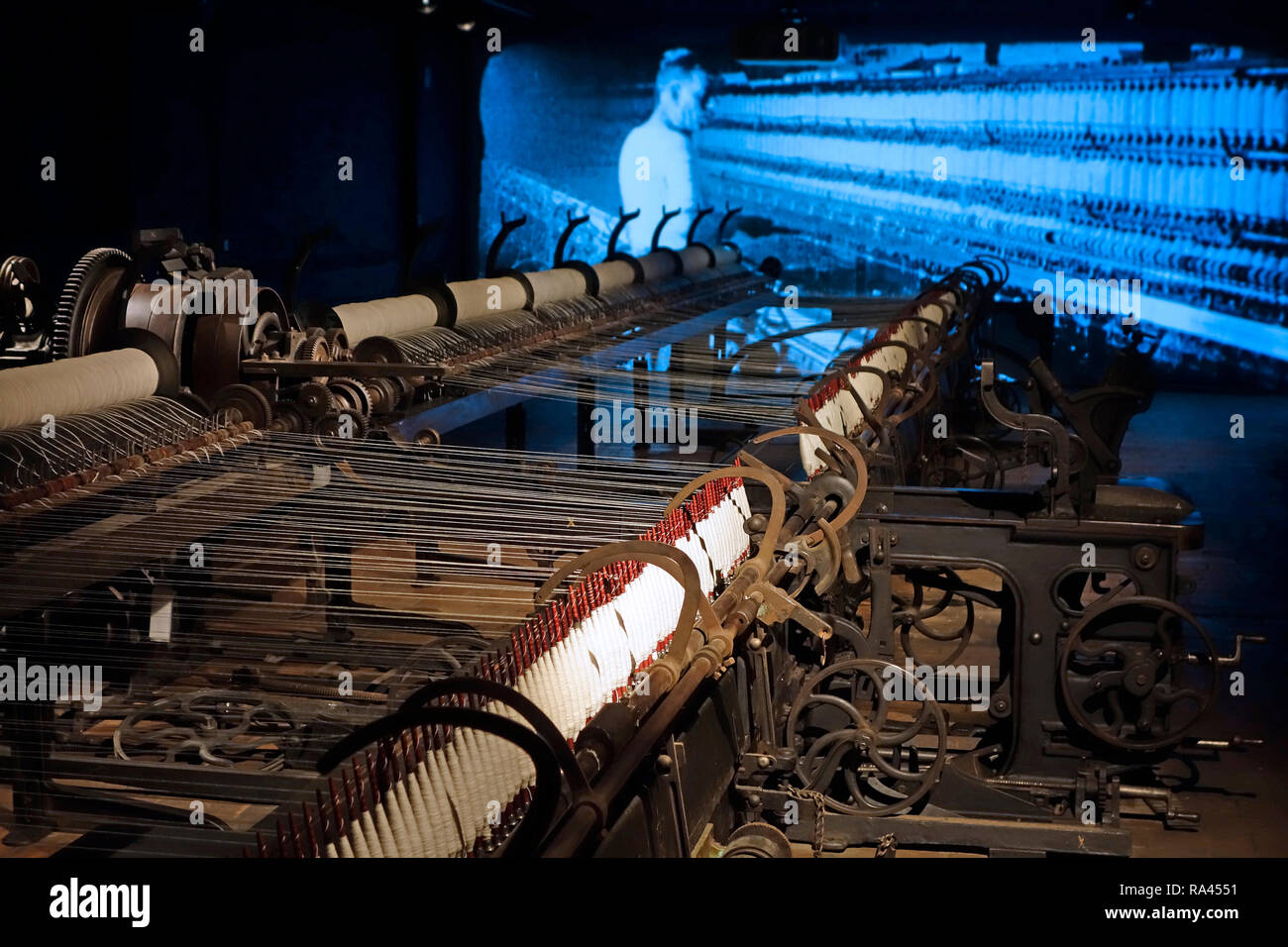 24 meter long selfactor, self-acting spinning mule at MIAT / Industriemuseum, industrial archaeology museum, Ghent, Belgium Stock Photo